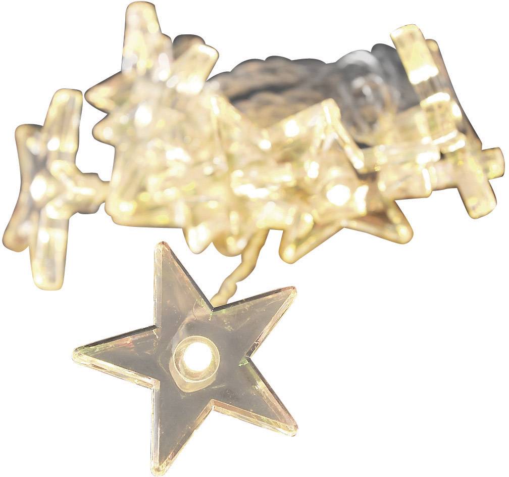 Sternförmige Lichterkette mit mehreren warmweiß leuchtenden Sternen auf weißem Hintergrund.