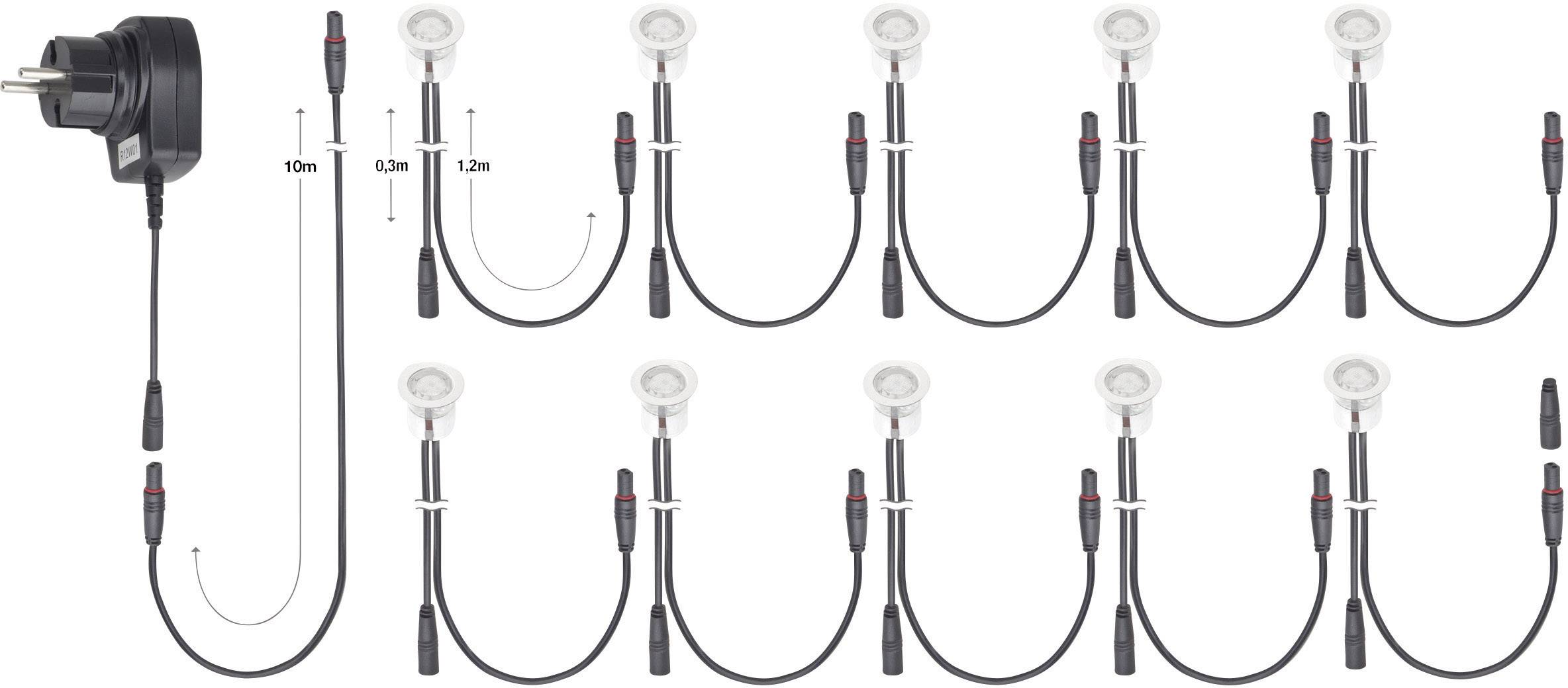 Zehn LED-Lampen mit schwarzen Kabeln und Steckern sind seriell verbunden. Abstände zwischen den Lampen sind 1 Meter, 1,2 Meter, und 1 Meter.