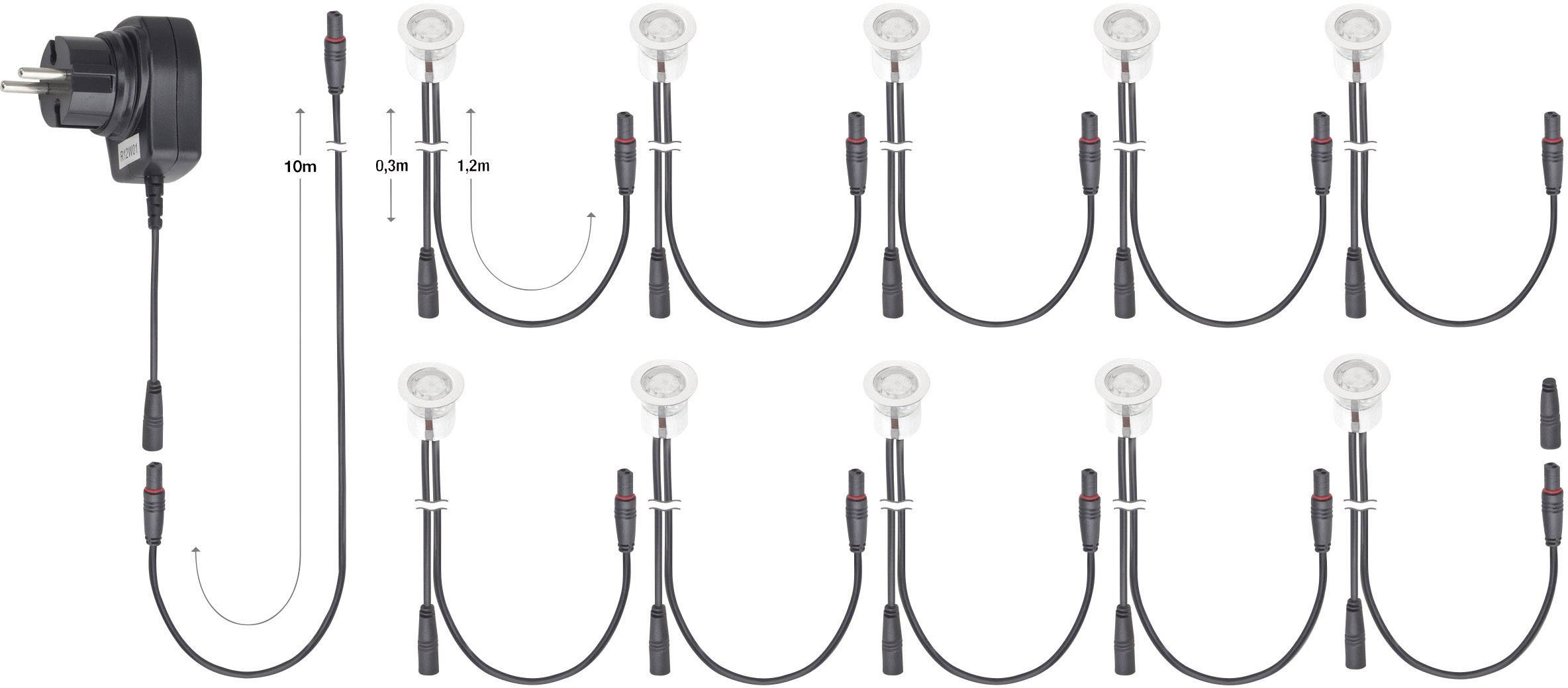 Netzadapter mit Kabeln und Steckern für LED-Leuchten. Dargestellt sind die Abstände zwischen den einzelnen Lampen (0,8 m und 1,2 m).