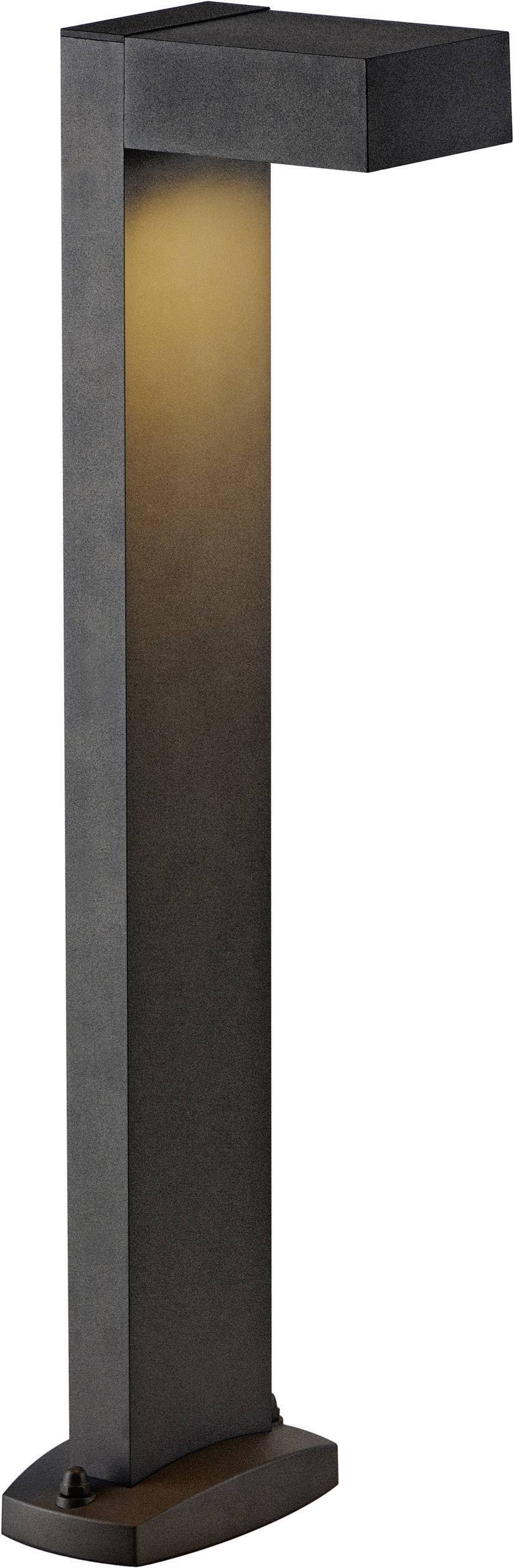 Eine moderne, schwarze, rechteckige Außenlampe mit einem seitlichen Leuchtelement, das diffuses, warmes Licht abstrahlt.