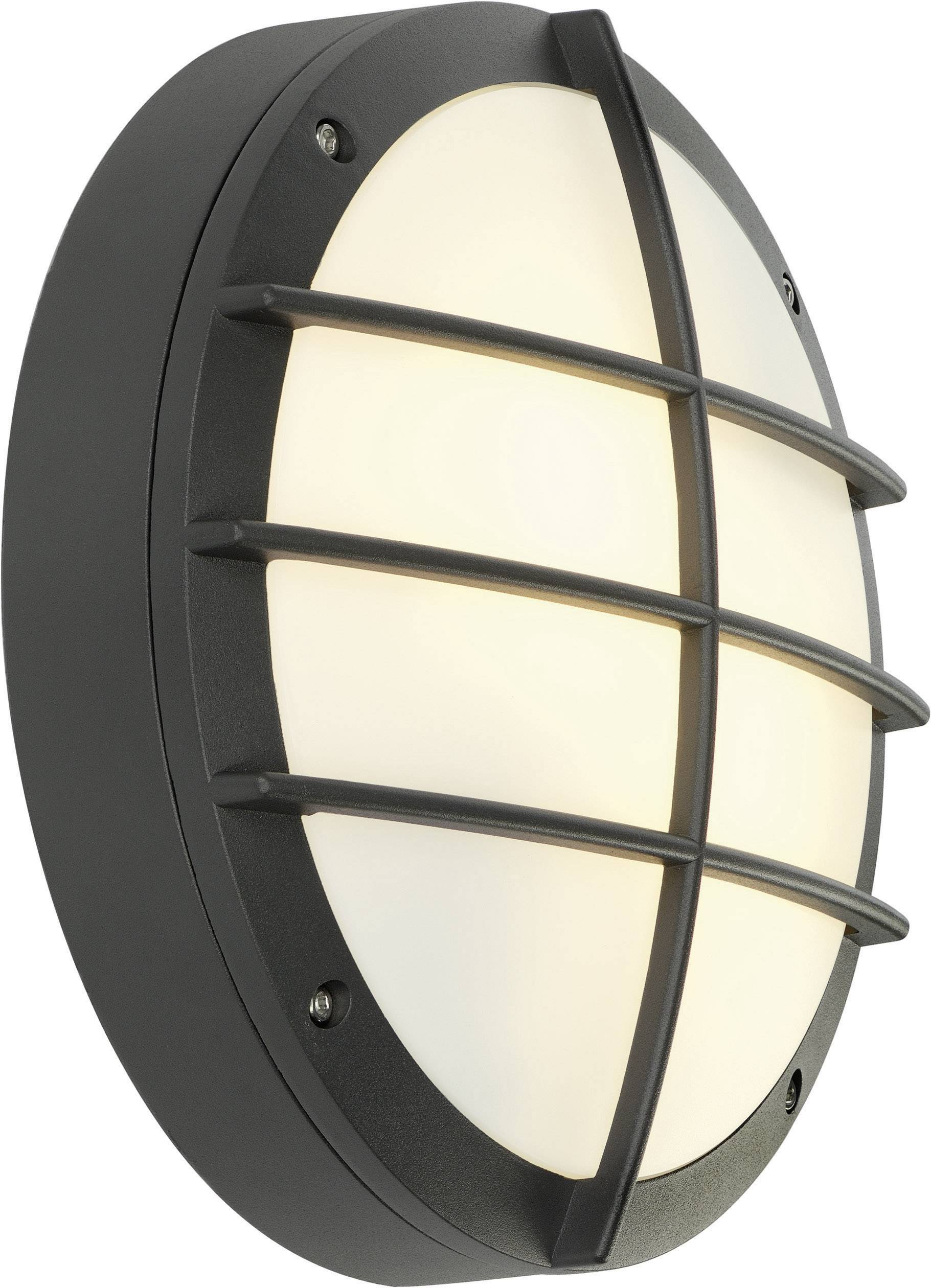 Ovales Wandleuchtendesign mit schwarzem Schutzgitter und weißem, mattem Glasdiffusor. Ideal für industrielle oder moderne Dekorationen.