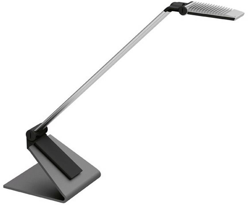 Eine moderne, schlanke Schreibtischlampe mit verstellbarem Arm und rechteckigem Leuchtkopf auf stabilem Standfuß.