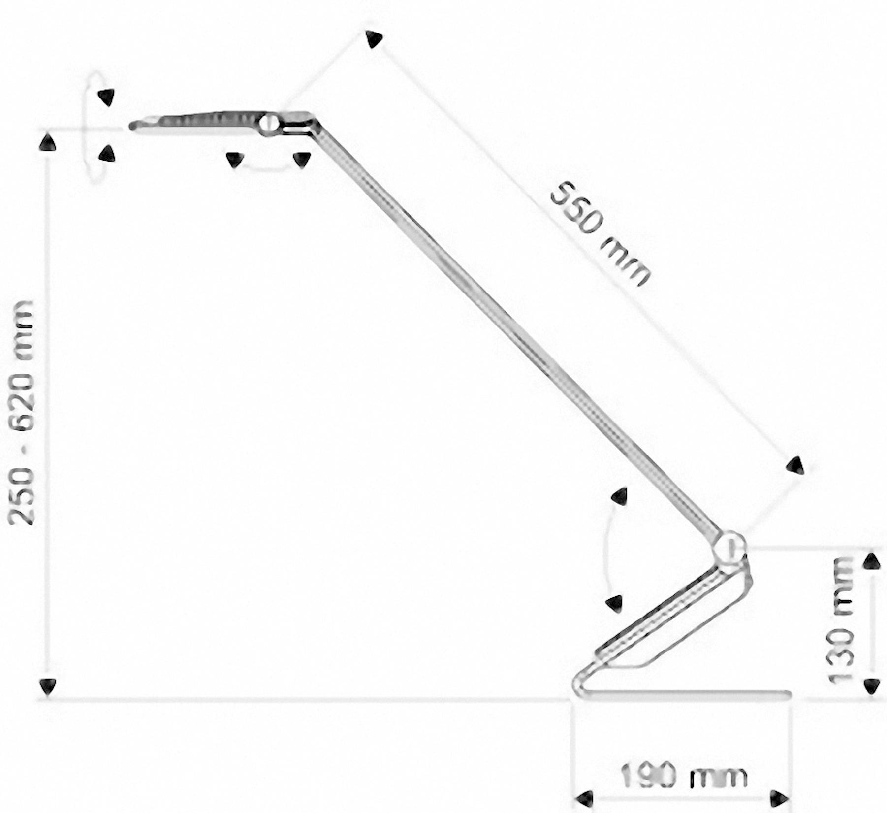 Seitenansicht einer verstellbaren Tischlampe mit Maßen: Höhe 250-620 mm, Breite 550 mm, Sockel 190 mm, Arm 130 mm.