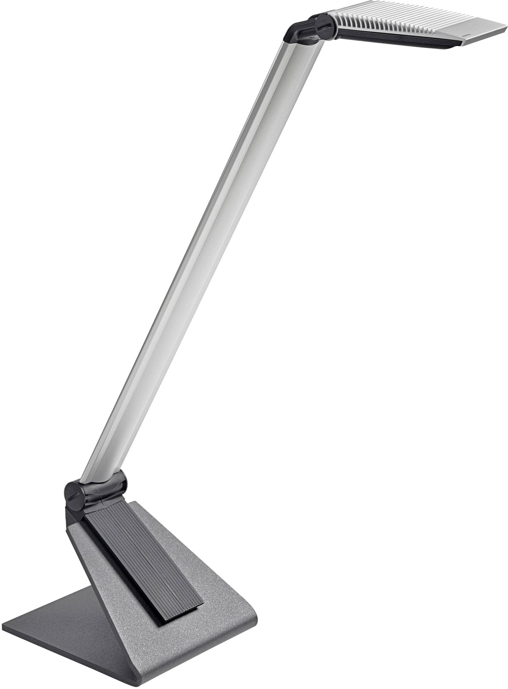 Moderne Tischlampe mit schwenkbarem Arm und rechteckigem Lampenkopf auf einem massiven Sockel, in Grau und Schwarz gehalten.