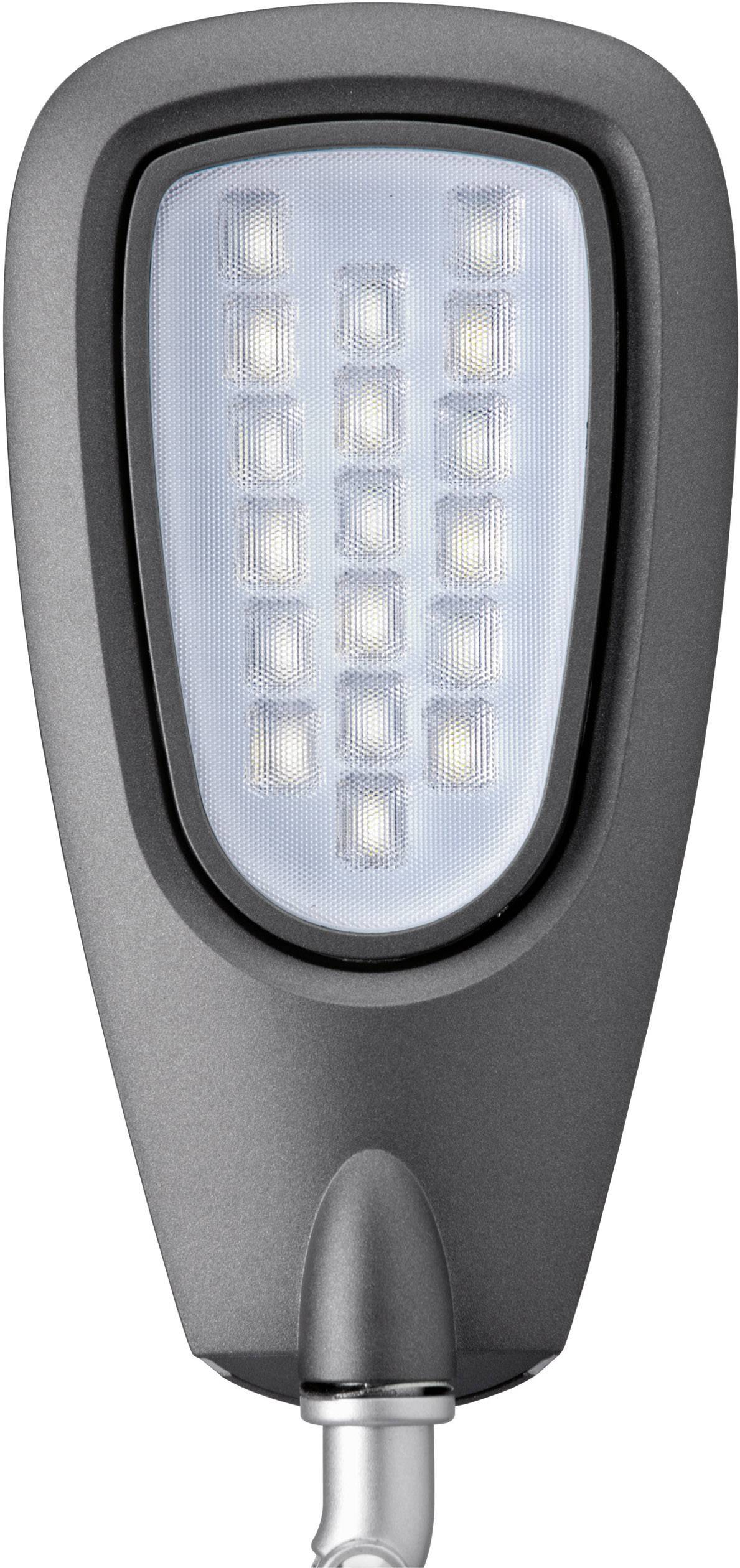 Eine Straßenlampe mit LED-Leuchten in einem modernen, mattschwarzen Gehäuse. Ideal zur effizienten Ausleuchtung von Gehwegen.