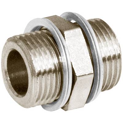 Metallisches Rohrgewinde-Fitting mit Sechskantmutter und Unterlegscheibe, geeignet für Rohrverbindungen in Installationen.