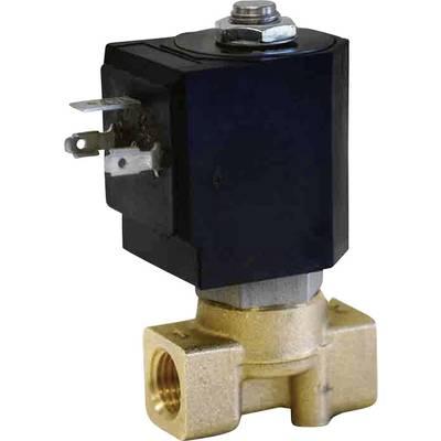 Magnetventil aus Messing mit schwarzem Gehäuse und elektrischen Anschlüssen, verwendet zur Steuerung des Flüssigkeitsflusses in Maschinen.