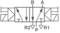 Hydrauliksymbol: Dreifachwirkender Steuerblock mit Ventilpositionen A, B, P sowie R1, R2. Pfeile zeigen Fließrichtung und Schaltzustände.