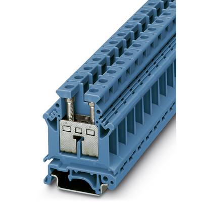 Ein blauer Reihenklemmenblock, der für den Anschluss elektrischer Kabel in Schaltschränken verwendet wird.