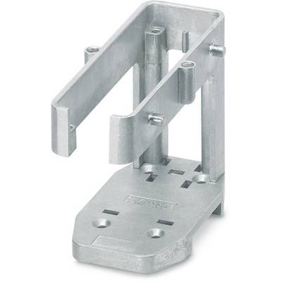 Metallhalterung aus silbernem Material, vertikal stehend, mit rechteckiger Öffnung und markanter, stabiler Basis.
