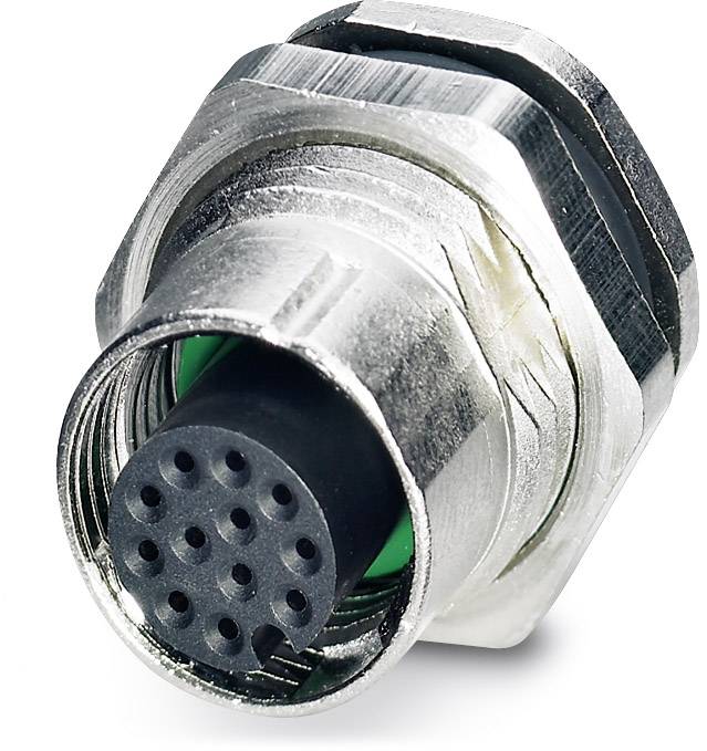 Ein runder, silberner Steckverbinder mit mehreren Pins, geeignet für Daten- oder Stromkabel. Er hat ein metallisches Gehäuse.