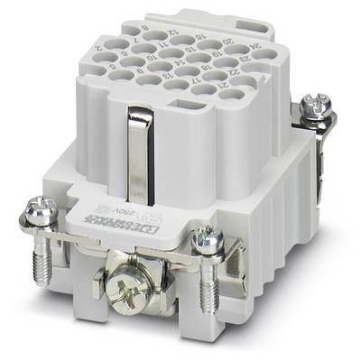 Ein grauer elektrische Steckverbinder mit mehreren Anschlussöffnungen und Schrauben zur Befestigung, geeignet für industrielle Anwendungen.