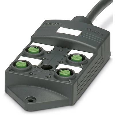 Ein schwarzer Steckverbinder mit vier grünen Anschlüssen und Kabel, für industrielle Anwendungen. Oben ist 'SAFE' aufgedruckt.