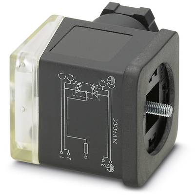 Ein rechteckiger, schwarzer Stecker mit seitlichem Schaltplan und Schraubanschluss zeigt elektrische Verbindungen und Spannung '24 VAC/DC'.