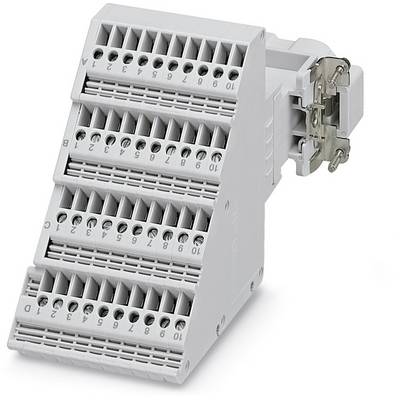 Ein elektrischer Steckerblock in einer geneigten Position, mit mehreren beschrifteten Anschlüssen in Reihen zur Verdrahtung.