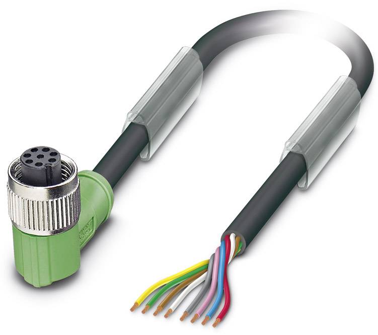 Ein grünes Industrie-Steckverbinderkabel mit gewinkeltem Stecker und aufgespleißten farbigen Drähten am offenen Ende, bereit zur Verbindung.