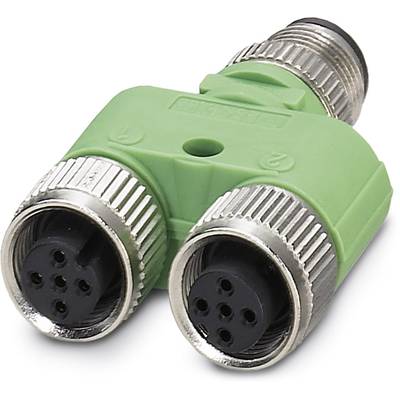 Ein grüner M12-Y-Adapter mit zwei weiblichen Steckverbindern und einem männlichen Stecker, verwendet in industriellen Anwendungen.