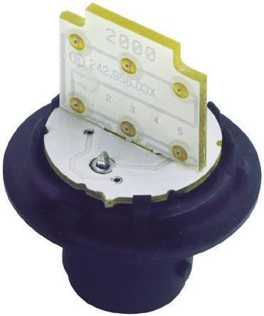 Ein elektronisches Bauteil mit einem aufrechten Chip auf schwarzer Halterung, sichtbar sind Kontakte und eine Platte mit Zahlen.