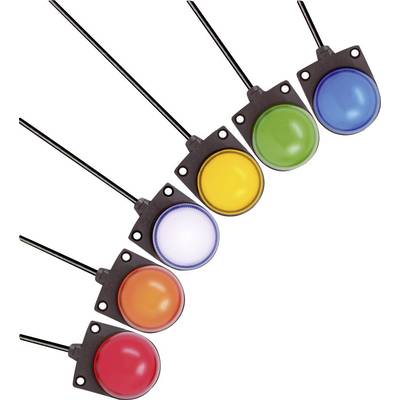 Sechs runde, farbige Leuchten in Rot, Orange, Weiß, Gelb, Grün und Blau, angeordnet in zwei Reihen, alle mit schwarzen Kabeln verbunden.