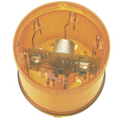Ein orangefarbener, runder elektronischer Mechanismus mit sichtbaren Drähten und Komponenten im Inneren.