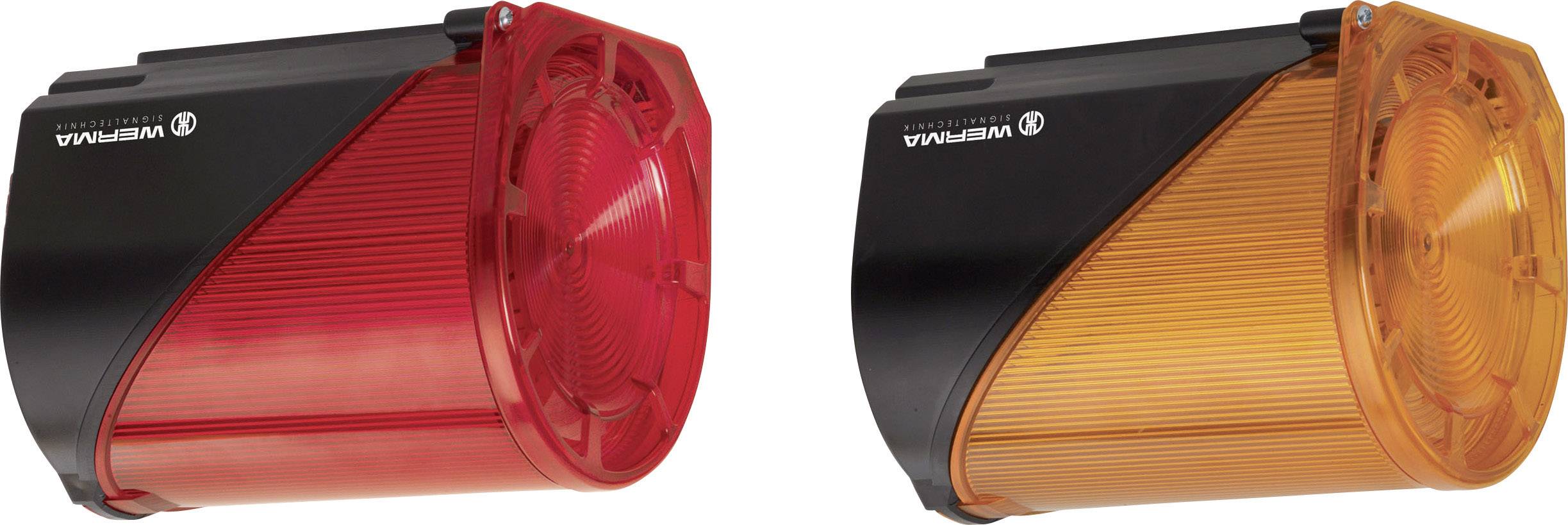 Zwei Fahrradrücklichter in den Farben Rot und Orange, nebeneinander angeordnet.