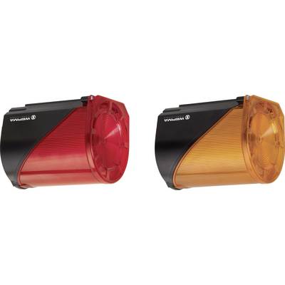 Zwei Fahrradrücklichter in den Farben Rot und Orange, nebeneinander angeordnet.