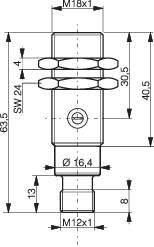 Technische Zeichnung eines zylindrischen Bauteils mit Maßen und Gewinden. Oben M18x1, unten M12x1, Gesamtlänge 63,5 mm.