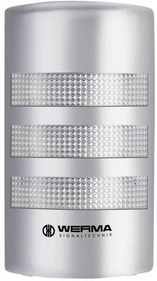 Eine silberne WERMA Signalleuchte mit drei runden Lichtstreifen, die zur visuellen Alarmierung in industriellen Umgebungen eingesetzt wird.