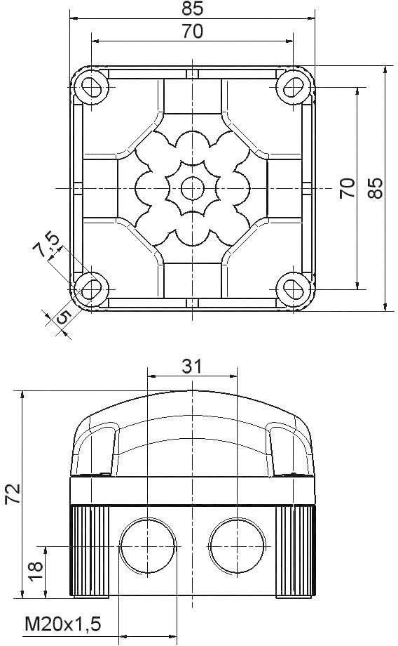 Technische Zeichnung eines rechteckigen Bauteils mit Abmessungen. Draufsicht zeigt quadratische Form, Seitenansicht mit Kabelöffnungen.
