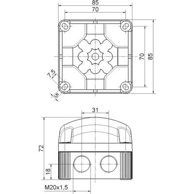 Technische Zeichnung eines rechteckigen Bauteils mit Abmessungen. Draufsicht zeigt quadratische Form, Seitenansicht mit Kabelöffnungen.