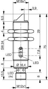 Technische Zeichnung eines zylindrischen Bauteils mit mehreren LED-Markierungen und maßlichen Angaben in Millimetern. Ober- und Unterseite sind mit Gewinden (M18x1, M12x1) versehen.
