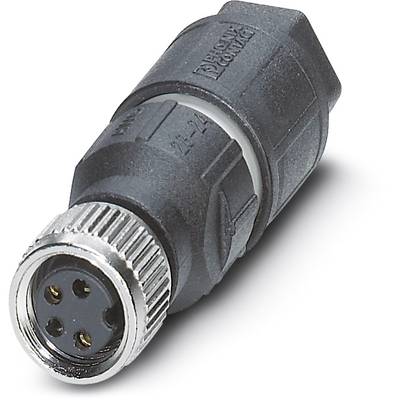 Ein schwarzer, zylindrischer Steckverbinder mit metallischem Gewinde und vier Steckplätzen, geeignet für industrielle Anwendungen.