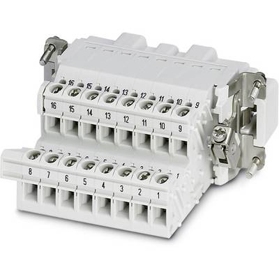 Ein weißer Klemmenblock mit 16 nummerierten Anschlüssen zur elektrischen Verbindung, Schraubklemmen und Metallbefestigungen an den Seiten.