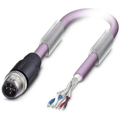 Ein mehradriges Kabel mit abisolierten Enden zeigt rote, blaue und weiße Drähte. Ein gecrimpter Stecker ist am anderen Ende.