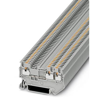 Reihen-Klemmenblock mit grauem Gehäuse und orangefarbenen Führungselementen, geeignet für industrielle Elektro-Schalttafeln.