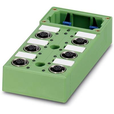Grünes modularers Verbindungselement mit mehreren Buchsenanschlüssen; dient zur Verkabelung oder Erweiterung von Netzwerken.