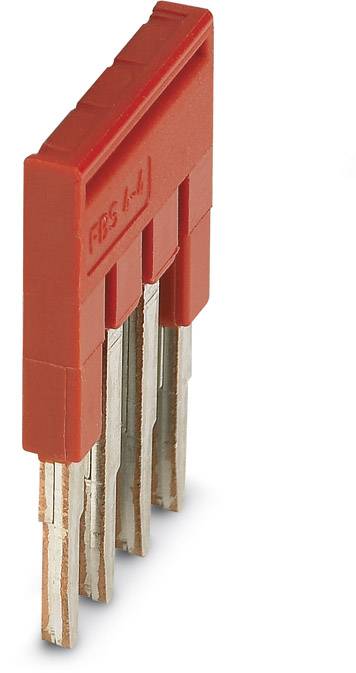 Ein roter Steckbrückenstecker mit vier Metallkontakten, geeignet für elektrische Verbindungen auf Leiterplatten.