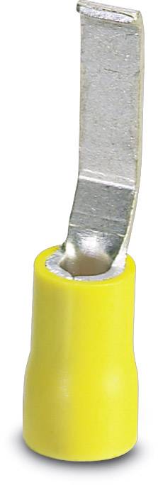 Gelber Flachstecker-Kabelschuh mit isolierter Hülse und einem Metallanschluss. Wird in der Elektrotechnik zur Kabelverbindung genutzt.