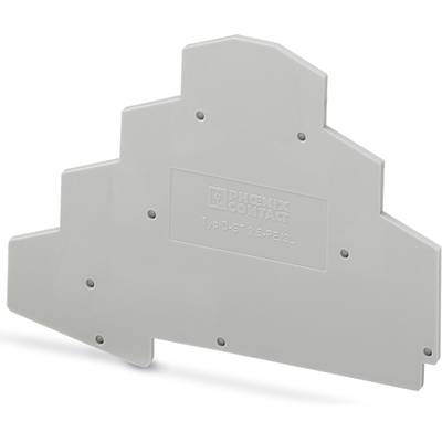 Ein graues, nicht montiertes Endgehäuse für einen Reihenklemmblock von PHOENIX CONTACT, Typ D-ST 2.5-PE/3L, mit mehreren Befestigungspunkten.