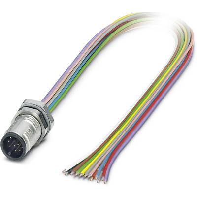 Ein mehrfarbiges Kabelbündel endet in einem sechspoligen Metallstecker. Geeignet für Elektronik- oder Verkabelungsanwendungen.