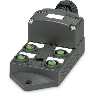 Ein schwarzer elektronischer Verteilerblock mit grünen Steckanschlüssen. Geeignet für industrielle Anwendungen.