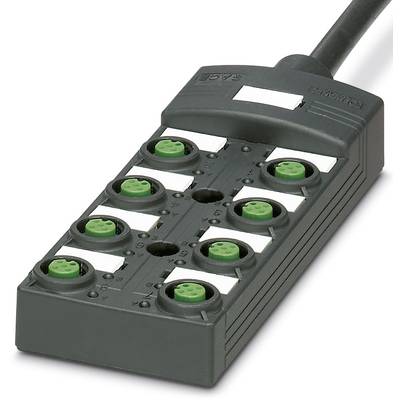 Ein schwarzer Verteilerblock mit acht grünen Anschlussstellen und einem Kabel an der Oberseite.