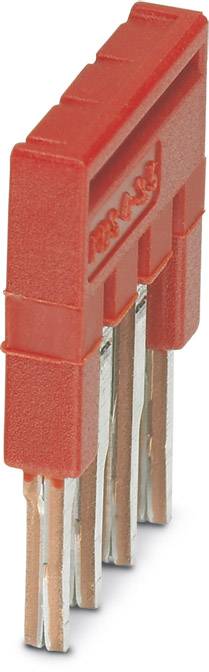 Rotes Isolierstück mit vier Metallkontakten, verwendet zum Verbinden elektronischer Schaltungen in einem Stecksystem.