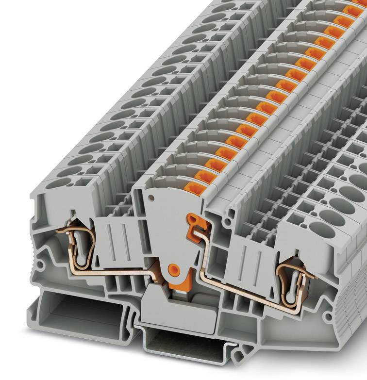 Graue elektrische Klemmenleiste mit mehreren Anschlüssen und orangen Markierungen. Diese dient zur Organisation und Sicherung von Kabelverbindungen.