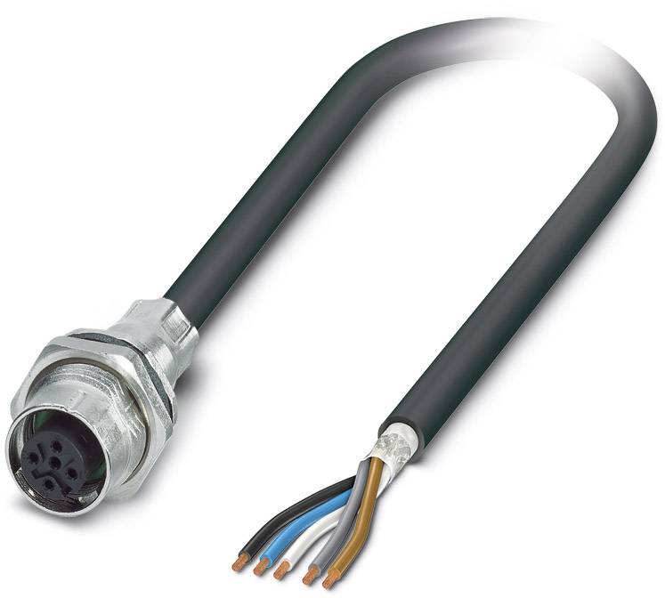 Schwarzes Kabel mit Metallstecker und fünf freiliegenden Kupferdrähten in verschiedenen Farben: schwarz, weiß, blau, braun, grün.