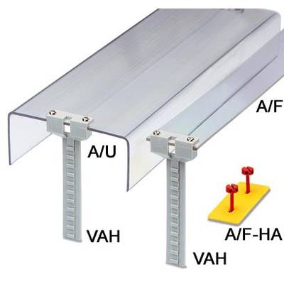 Aluminiumsystem zur Befestigung von Platten. Zeigt zwei Montageprofile beschriftet mit 'A/U VAH' und 'A/F VAH', sowie Schrauben auf gelbem Fundament.