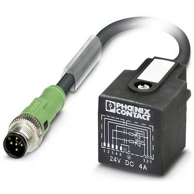 Ein grüner Steckverbinder verbunden mit einem schwarzen Relais von PHOENIX CONTACT. Relais zeigt Schaltplan und 24V DC 4A an.