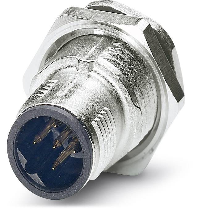 Ein runder, silberfarbener Steckverbinder mit sechs goldenen Kontaktstiften. Geeignet für elektronische Anschlüsse in technischen Geräten.