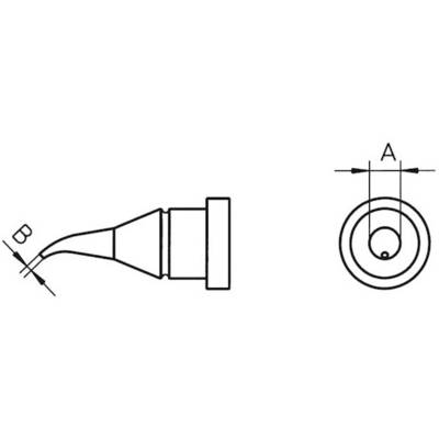 Technische Zeichnung eines Lötspitzes. Links: Seitenansicht mit Winkel B. Rechts: Draufsicht, zeigt Durchmesser A.