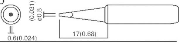 Zeichnung einer Lötspitze: Zylinderform, Seitenansicht zeigt Länge 17 mm, Durchmesser 0,6 mm, mit Maßangaben in Klammern.